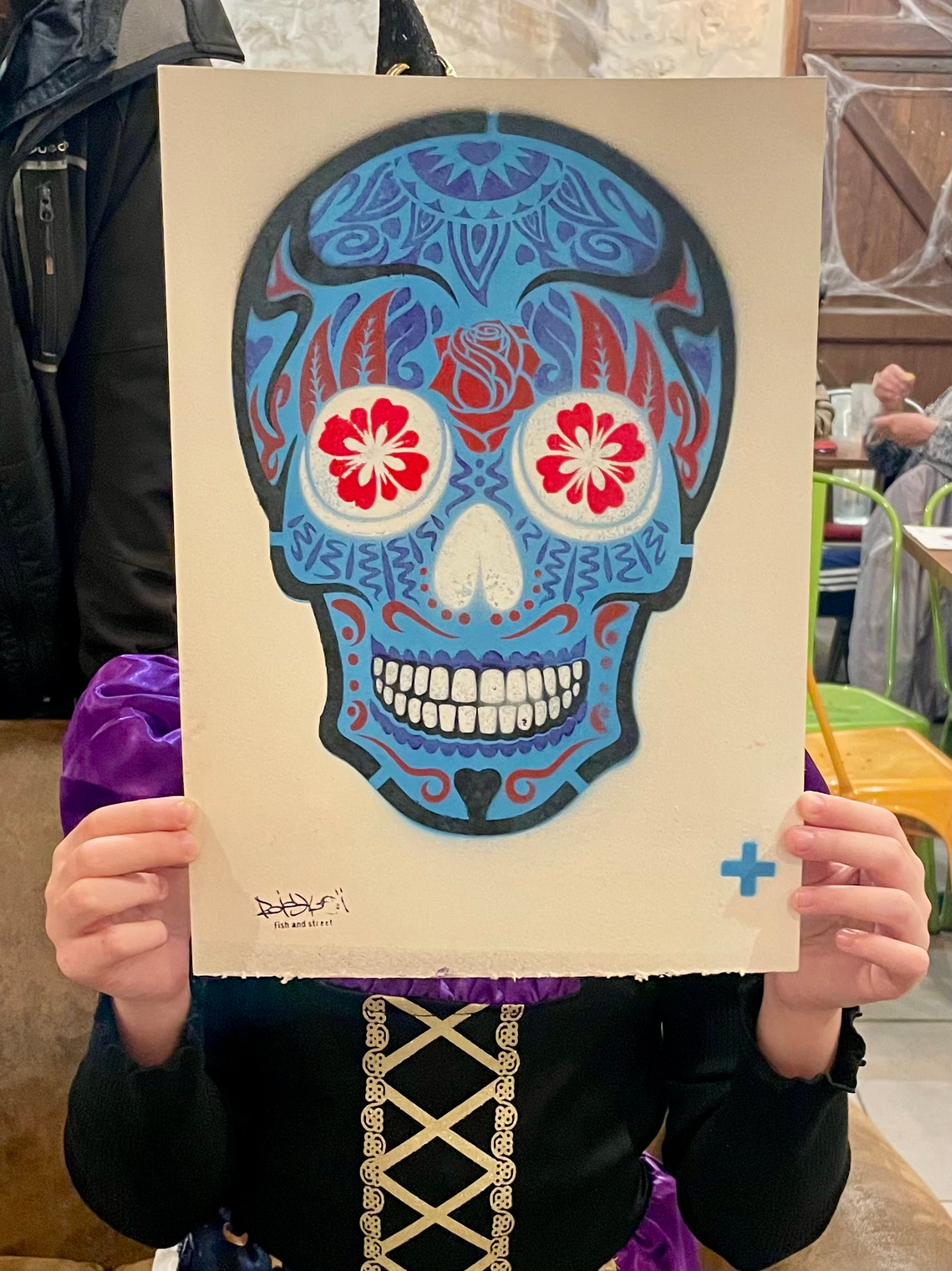 Calavera bleue réalisée au pochoir
