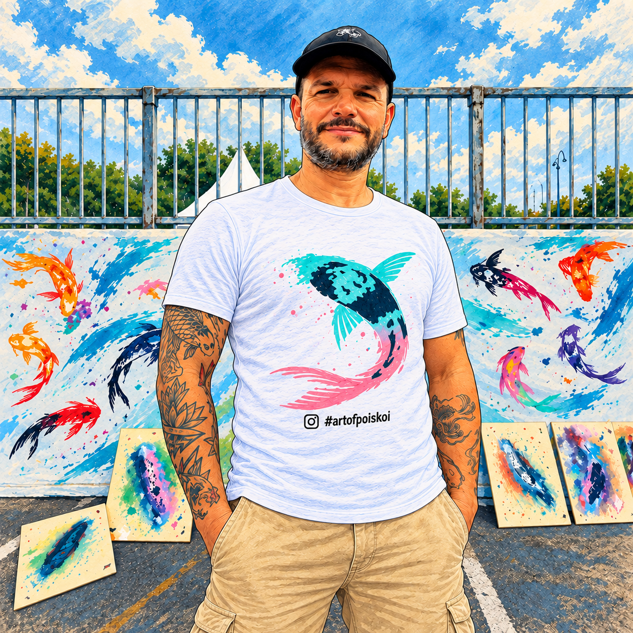 Portrait illustré d’Hervé Bouchet en t-shirt à manches courtes, avec une carpe koï et #artofpoiskoi imprimés